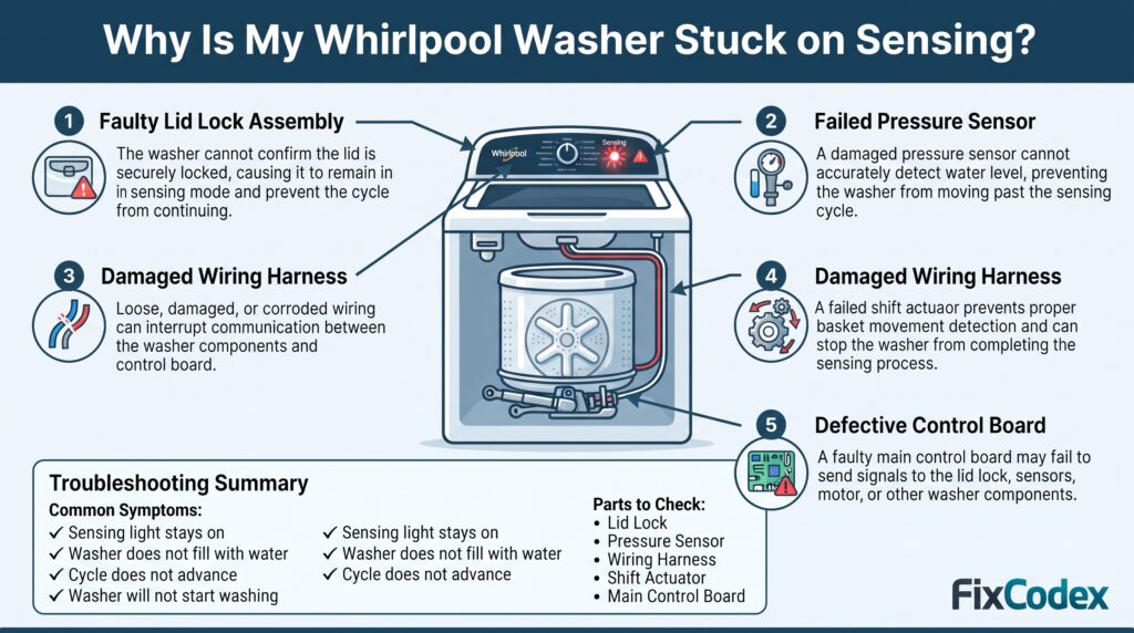 Infographic showing why a Whirlpool washer is stuck on sensing, including common causes such as faulty lid lock assembly, pressure sensor failure, damaged wiring, shift actuator problems, and control board issues.