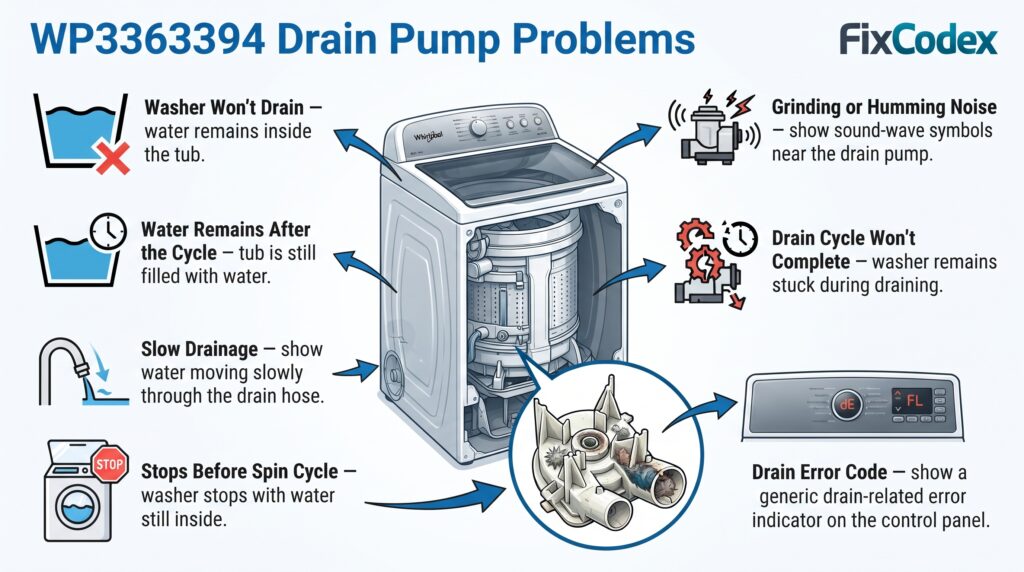 Technical infographic illustrating common Whirlpool washer problems caused by a faulty WP3363394 drain pump, including failure to drain, water remaining in the tub, slow drainage, stopping before the spin cycle, unusual pump noises, incomplete drain cycles, and drain-related error codes.