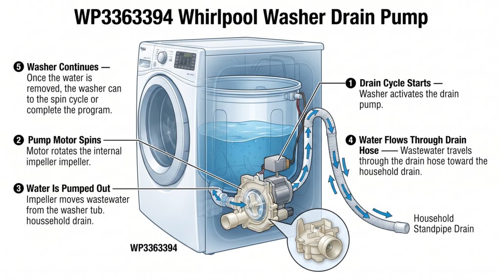 Technical diagram showing how the WP3363394 Whirlpool Washer Drain Pump removes wastewater during the washer drain cycle, from the washer tub through the drain pump and drain hose to the household drain.