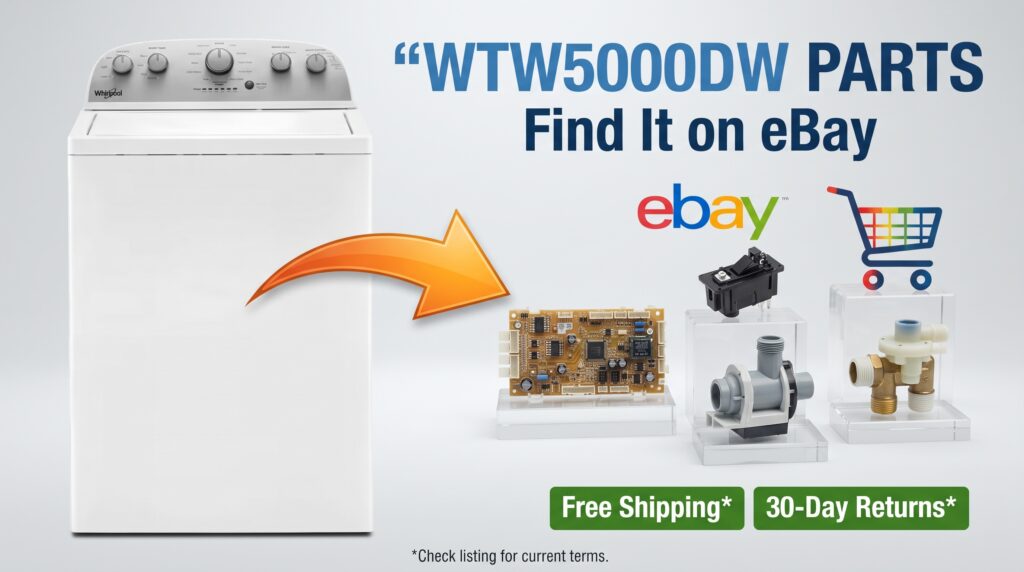 Whirlpool WTW5000DW washer replacement parts, including a control board, lid switch, drain pump, and water inlet valve, available through eBay listings.