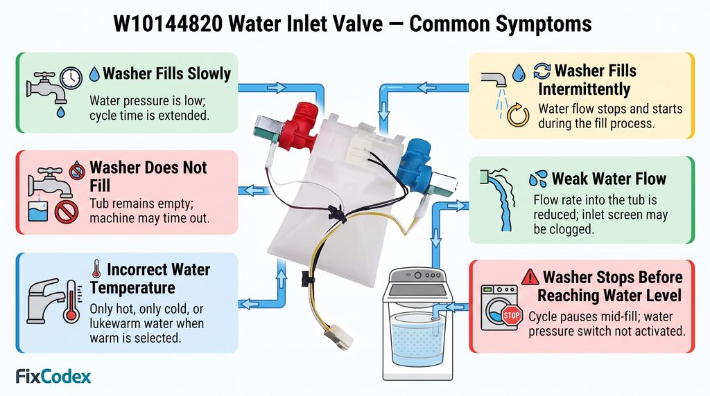 Colorful appliance-repair diagram showing common symptoms of a failing or restricted W10144820 Whirlpool washer water inlet valve, including slow filling, no water fill, incorrect water temperature, intermittent filling, weak water flow, and stopping before reaching the required water level.