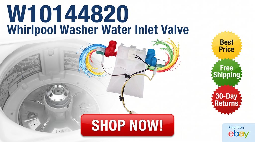 W10144820 Whirlpool Washer Water Inlet Valve, highlighting Best Price, Free Shipping, 30-Day Returns, and a Shop Now CTA for eBay.