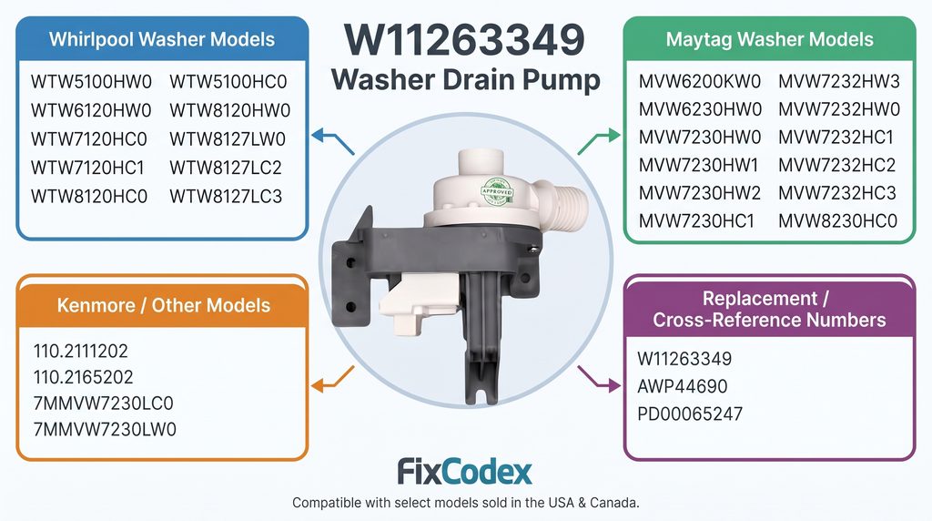 Colorful compatibility diagram showing W11263349 washer drain pump compatible Whirlpool, Maytag, Kenmore, and other washer models, plus cross-reference numbers AWP44690 and PD00065247.