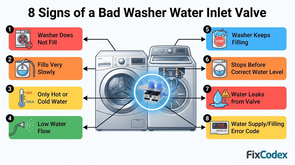 8 common symptoms of a defective washer water inlet valve, including filling problems, low water flow, continuous filling, water leaks, and water supply error codes.