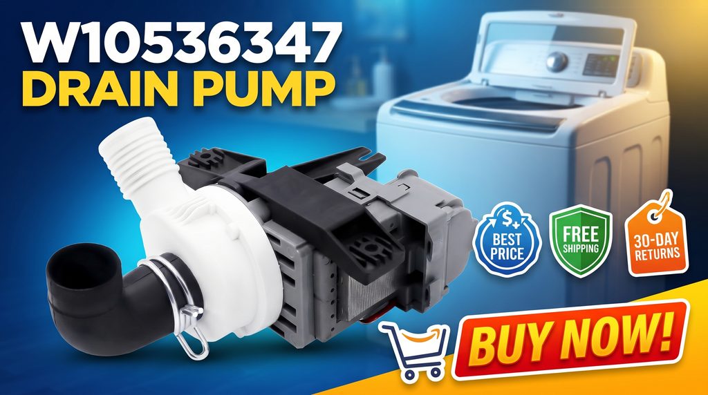 W10536347 washer drain pump for purchase on eBay, featuring Best Price, Free Shipping, 30-Day Returns, and Buy Now callouts.