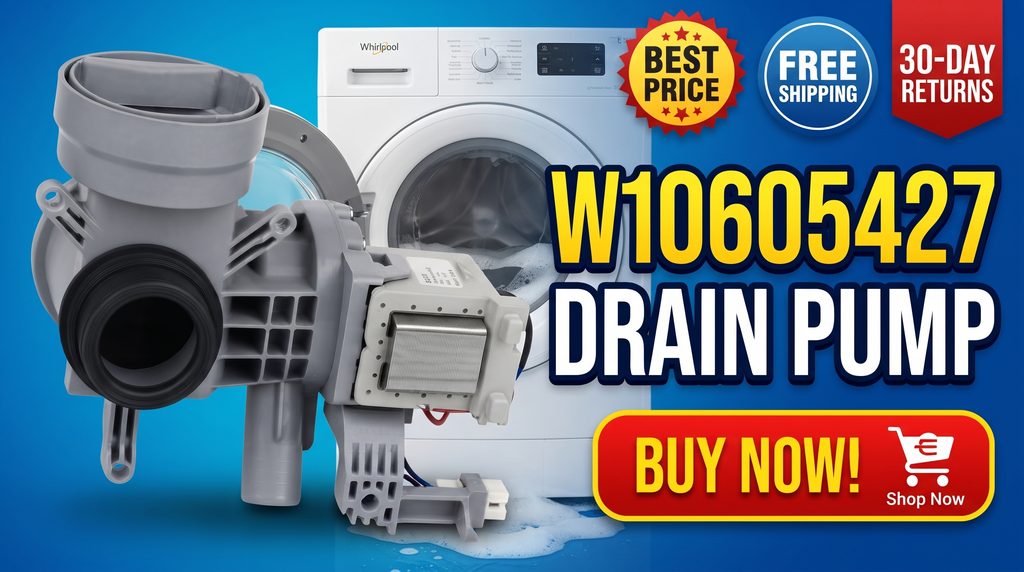 W10605427 Whirlpool washer drain pump, featuring a strong Buy Now call-to-action and highlighting eBay purchase options, free shipping, and 30-day returns.