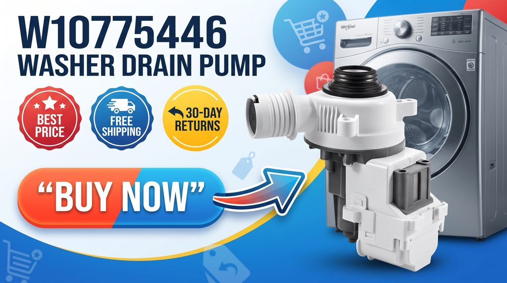 W10775446 washer drain pump for purchase on eBay, featuring Best Price, Free Shipping, 30-Day Returns, and Buy Now callouts. Designed to highlight the replacement drain pump and encourage shoppers to check the latest price.