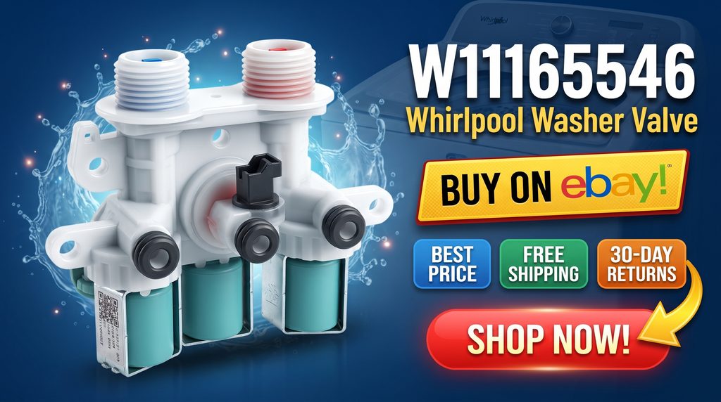 W11165546 Whirlpool washer water inlet valve with prominent Buy on eBay, Best Price, Free Shipping, 30-Day Returns, and Shop Now messaging.