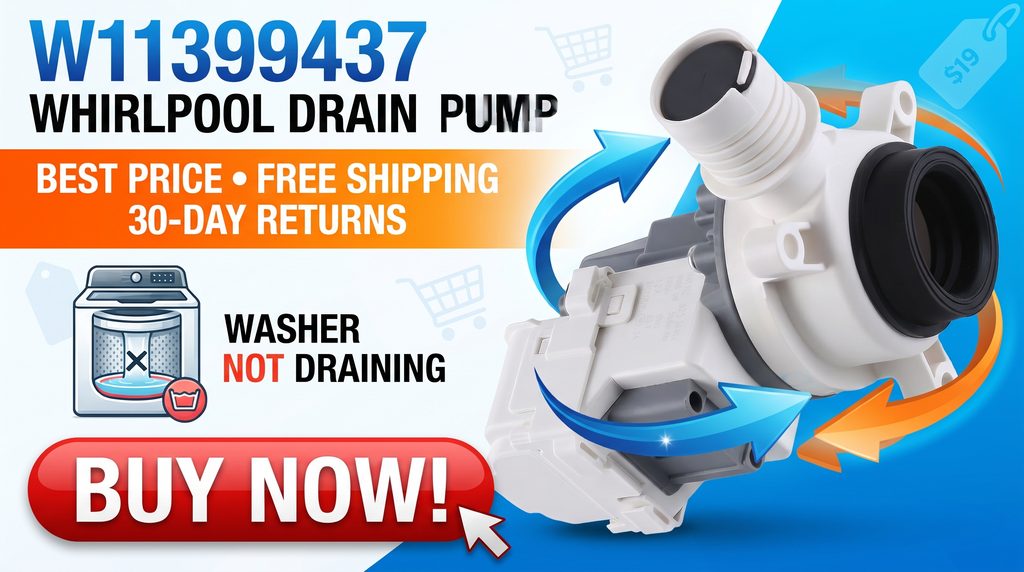 Colorful e-commerce thumbnail promoting the W11399437 Whirlpool washer drain pump on eBay, highlighting best price, free shipping, 30-day returns, and a strong “Buy Now!” call to action.