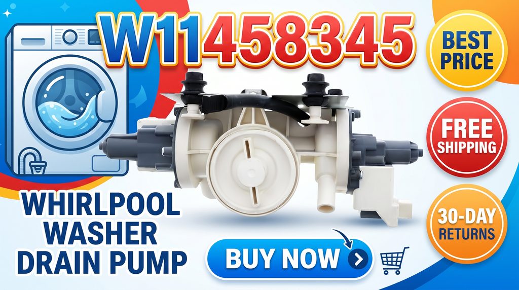 W11458345 Whirlpool washer drain pump for purchase on eBay, featuring Best Price, Free Shipping, 30-Day Returns, and Buy Now callouts.