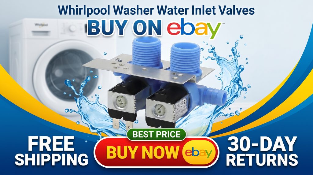 Whirlpool washer water inlet valves, highlighting eBay shopping, price, free shipping, 30-day returns, and a buy-now call to action.