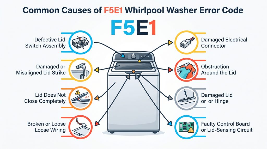 Colorful repair diagram showing common causes of the F5E1 Whirlpool washer error code, including a defective lid switch, damaged lid strike, incomplete lid closure, wiring and connector problems, lid obstruction, damaged hinge, and faulty control board.