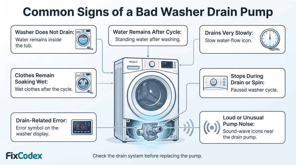Common signs of a bad Whirlpool washer drain pump, including a washer that does not drain, standing water after a cycle, slow draining, stopping during drain or spin, unusual pump noise, drain-related errors, and soaking-wet clothes. This infographic helps identify common symptoms before replacing the drain pump.