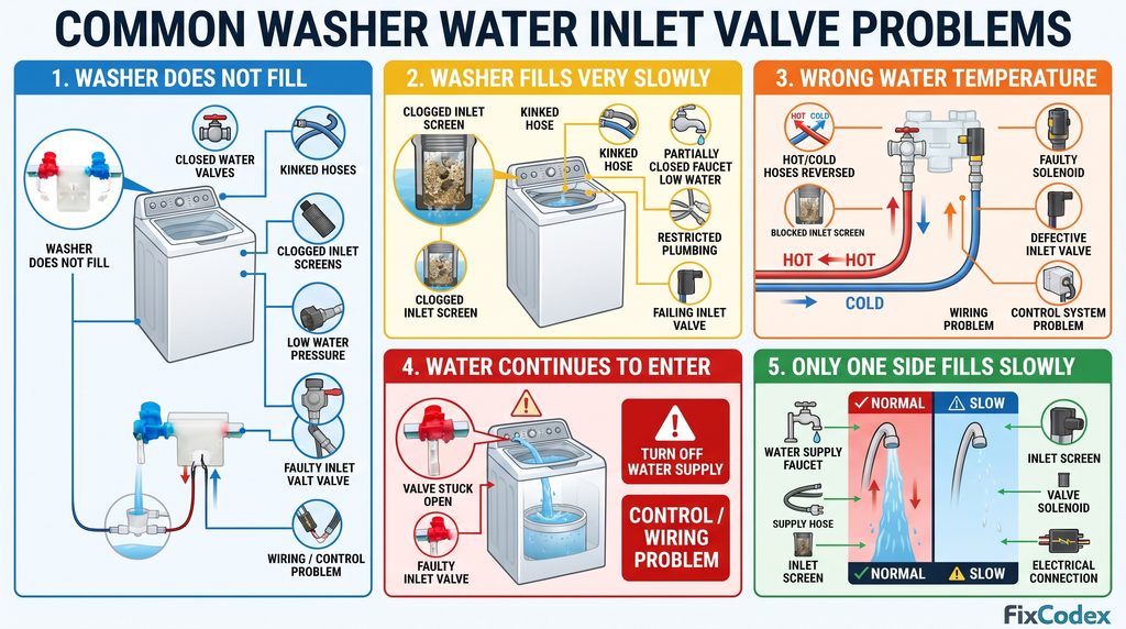 five common washer water inlet valve problems: washer not filling, slow filling, wrong water temperature, continuous water flow, and one-sided slow filling, with possible causes and areas to check.