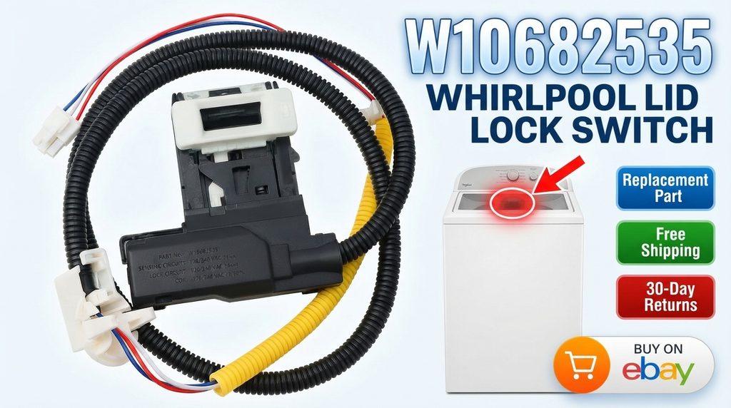 Colorful product thumbnail featuring the W10682535 Whirlpool washer lid lock switch and compatible replacement part numbers 4281236, 4338530, 4920959, AP5981544, AP5988772, AP6832601, EAP11702228, EAP11727984, EAP12704713, PS11702228, PS11727984, and PS12704713.