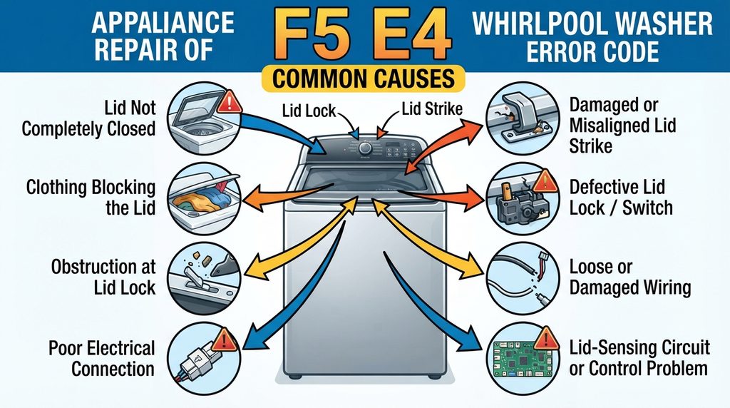 Colorful repair diagram showing common causes of the F5 E4 Whirlpool washer error code, including an open or obstructed lid, damaged lid strike, defective lid lock, wiring problems, electrical connection issues, and lid-sensing or control problems.