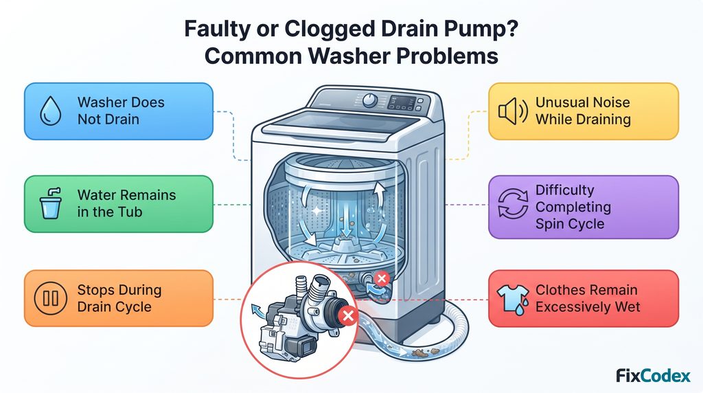Colorful washing machine repair infographic showing six common symptoms of a faulty or clogged drain pump, including washer not draining, water remaining in the tub, stopping during the drain cycle, unusual draining noises, spin-cycle problems, and excessively wet clothes.