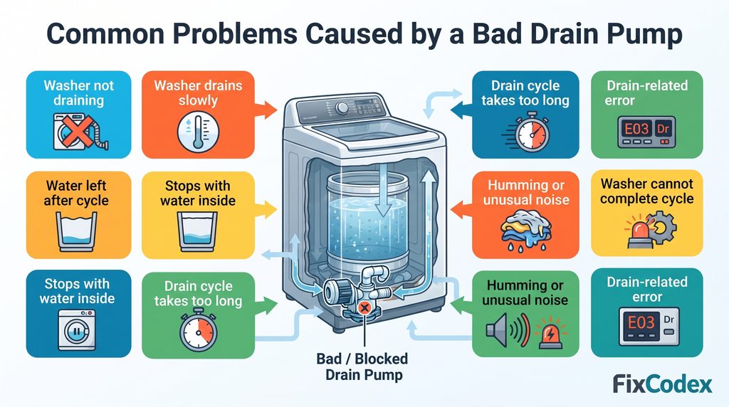 Colorful infographic showing common problems caused by a bad or blocked washer drain pump, including slow draining, standing water, wet clothes, unusual noise, and drain errors.