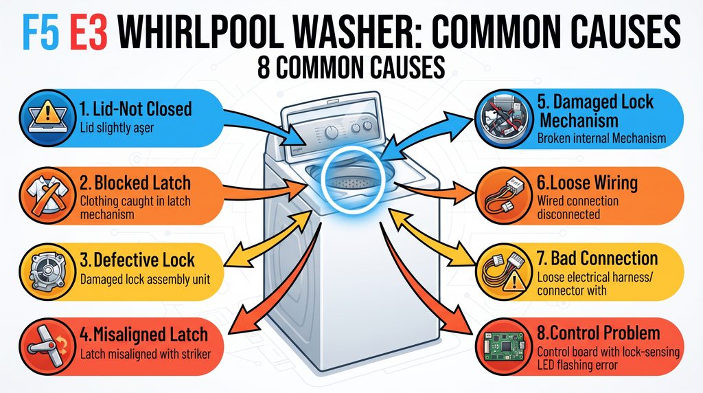 eight common causes of the F5 E3 Whirlpool washer error code, including lid or door closure problems, blocked or misaligned latch, faulty lock assembly, damaged mechanism, wiring issues, electrical connections, and control-sensing problems.