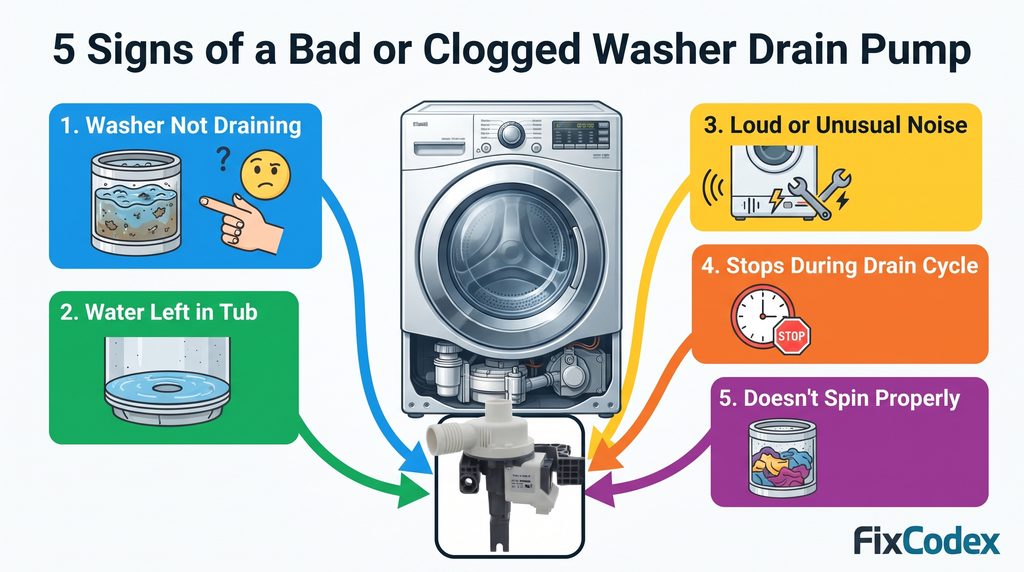 Colorful appliance repair diagram showing five common symptoms of a defective or clogged W10876600 Whirlpool washer drain pump, including washer not draining, water left in the tub, loud pump noise, stopping during the drain cycle, and improper spinning.