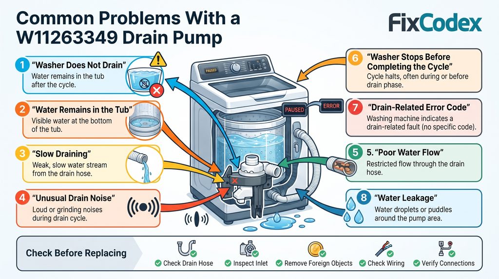 Colorful diagram showing common W11263349 washer drain pump problems, including no draining, slow drainage, water remaining in the tub, unusual pump noise, poor water flow, cycle interruption, drain error codes, and water leakage.