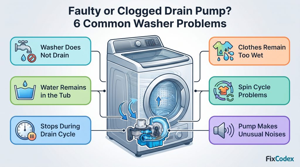 Colorful washing machine repair infographic showing six common problems caused by a faulty, worn, or clogged W11396717 drain pump, including washer not draining, water remaining in the tub, drain-cycle problems, unusual pump noises, spin-cycle issues, and excessively wet clothes.
