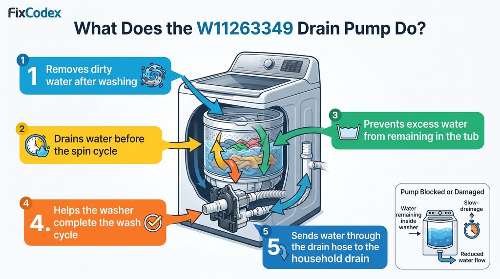 Colorful educational diagram showing how the W11263349 Whirlpool washer drain pump removes dirty water from the washer tub, sends it through the drain hose, and helps the washer complete the wash cycle.