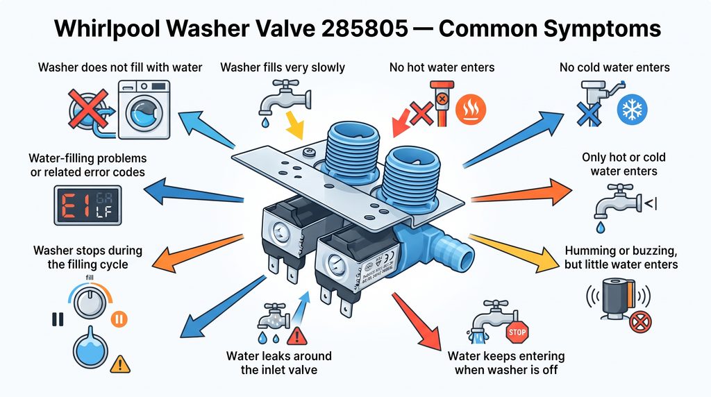 Common Whirlpool washer problems caused by a defective or restricted 285805 water inlet valve, including slow or no filling, hot or cold water issues, humming, leaks, continuous water flow, and filling-related error codes.