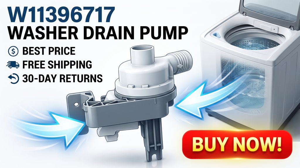 Colorful e-commerce thumbnail promoting the W11396717 washer drain pump on eBay, highlighting the best price, free shipping, 30-day returns, and a strong “Buy Now!” call to action.