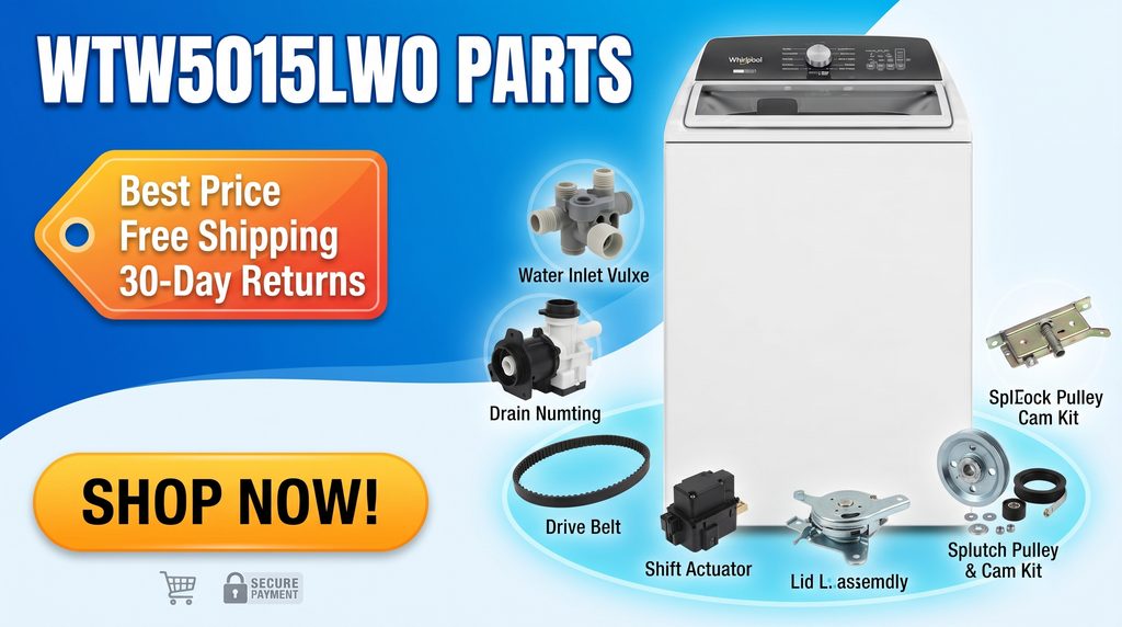 Shop Whirlpool WTW5015LW0 washer replacement parts on eBay, featuring best price, free shipping, 30-day returns, and a clear Shop Now call to action.
