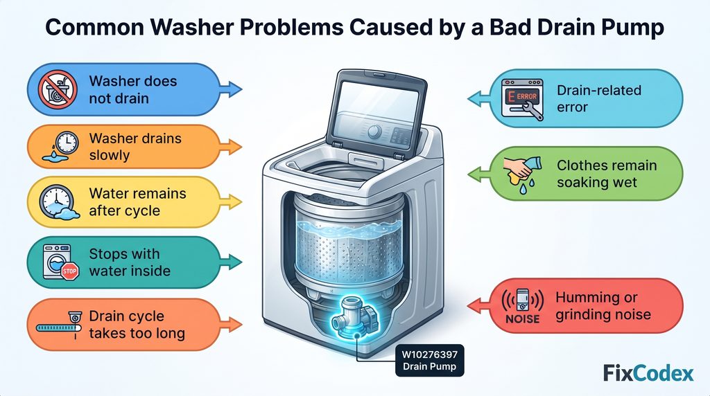 Colorful infographic showing common Whirlpool washer problems caused by a bad drain pump, including no draining, slow draining, water left in the tub, unusual drain noises, wet clothes, and drain-related errors.