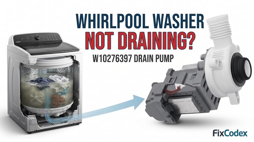W10276397 Whirlpool washer drain pump replacement for compatible Whirlpool washing machines. Designed to help fix washer drainage problems such as a washer not draining, slow draining, or water remaining in the tub.