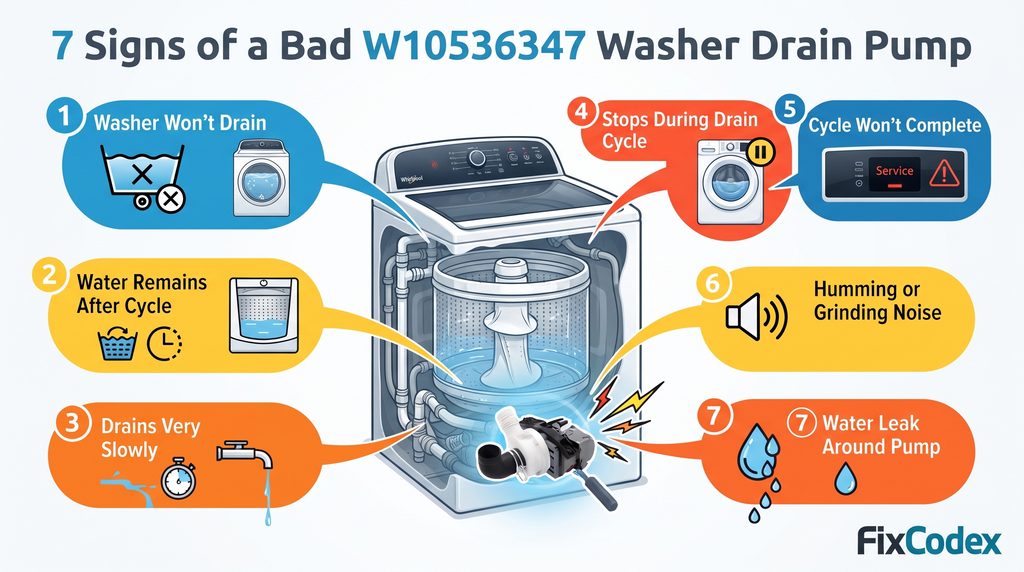 7 common signs of a defective or clogged W10536347 washer drain pump, including failure to drain, standing water, slow draining, interrupted cycles, unusual noises, and water leaks.