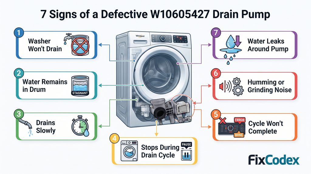 Diagram showing 7 common signs of a defective W10605427 washer drain pump, including failure to drain, water remaining in the drum, slow draining, stopping during the drain cycle, incomplete cycles, unusual humming or grinding noises, and water leaking around the pump.