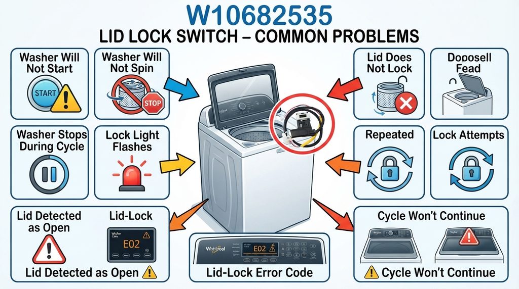 diagram showing common problems caused by a damaged or defective W10682535 Whirlpool washer lid lock switch, including starting, spinning, locking, lid detection, error code, and cycle interruption issues.