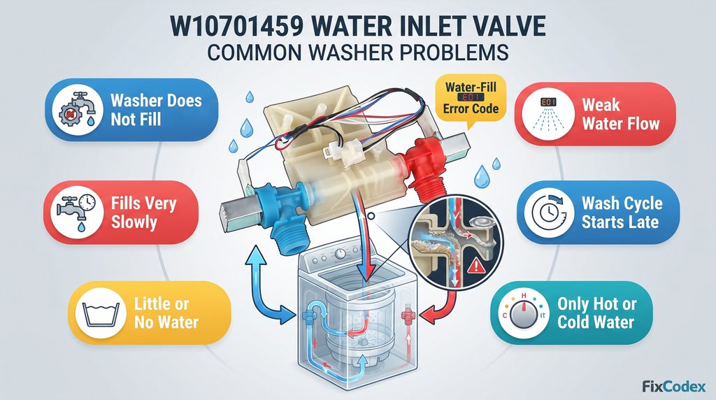 W10701459 Whirlpool washer water inlet valve and seven common symptoms, including no water fill, slow filling, weak water flow, hot-or-cold-only filling, delayed wash cycles, and water-fill-related error codes.