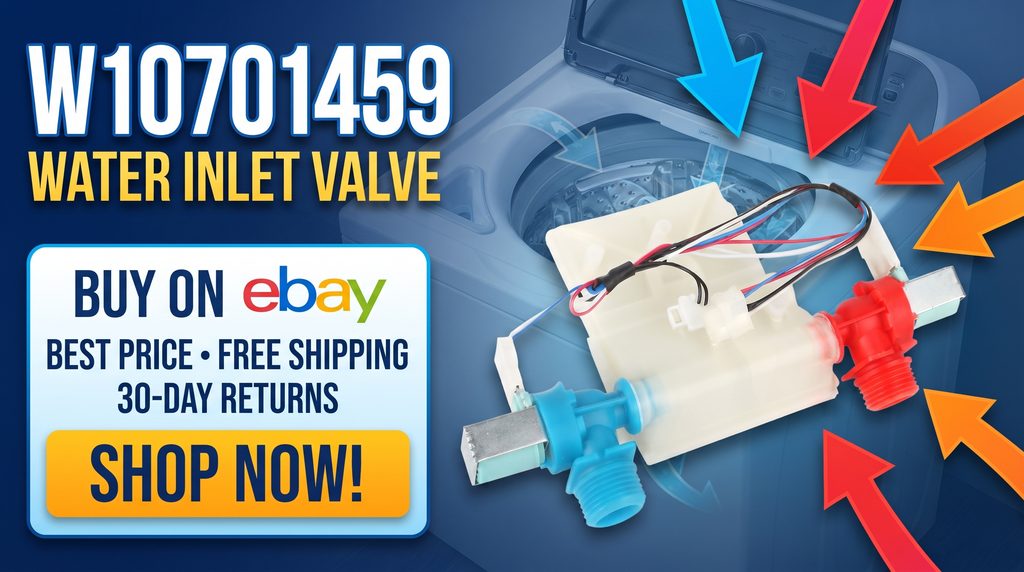 W10701459 Whirlpool washer water inlet valve with a washer background and prominent eBay shopping callouts for best price, free shipping, 30-day returns, and Shop Now.