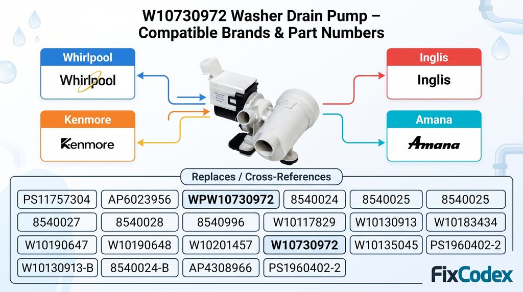 W10730972 washer drain pump compatibility diagram showing select Whirlpool, Kenmore, Maytag, Inglis, and Amana washing machines and common replacement and cross-reference part numbers.