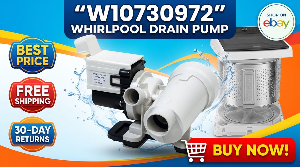 W10730972 Whirlpool washer drain pump on eBay, highlighting price, free shipping, 30-day returns, and a buy-now call to action.