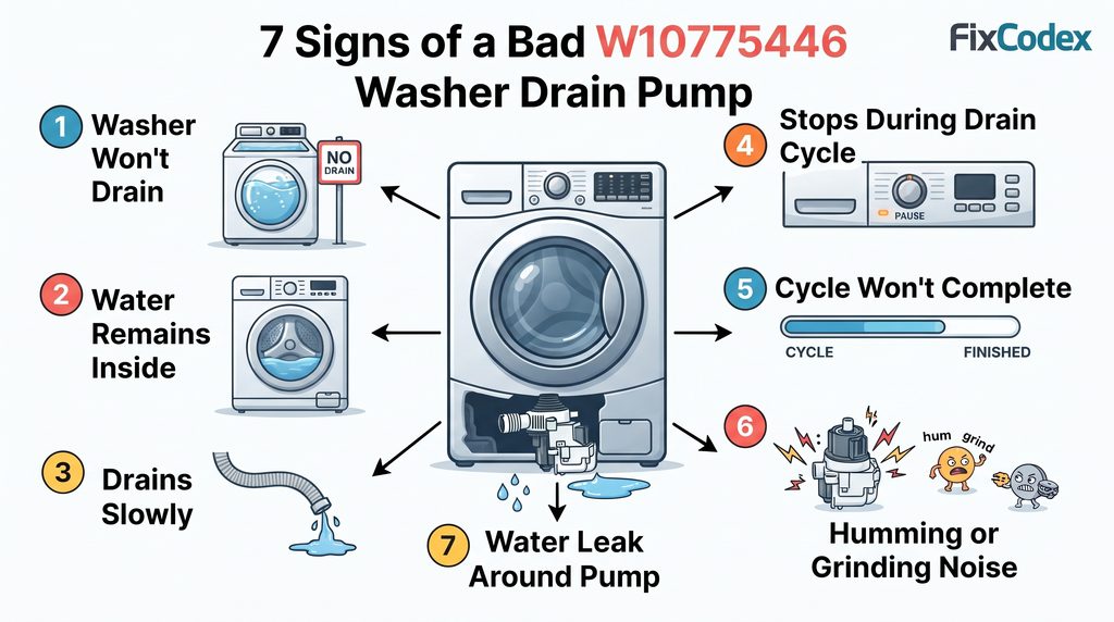 7 common signs of a defective, clogged, or damaged W10775446 washer drain pump, including failure to drain, standing water, slow draining, interrupted cycles, unusual pump noises, and water leaks.