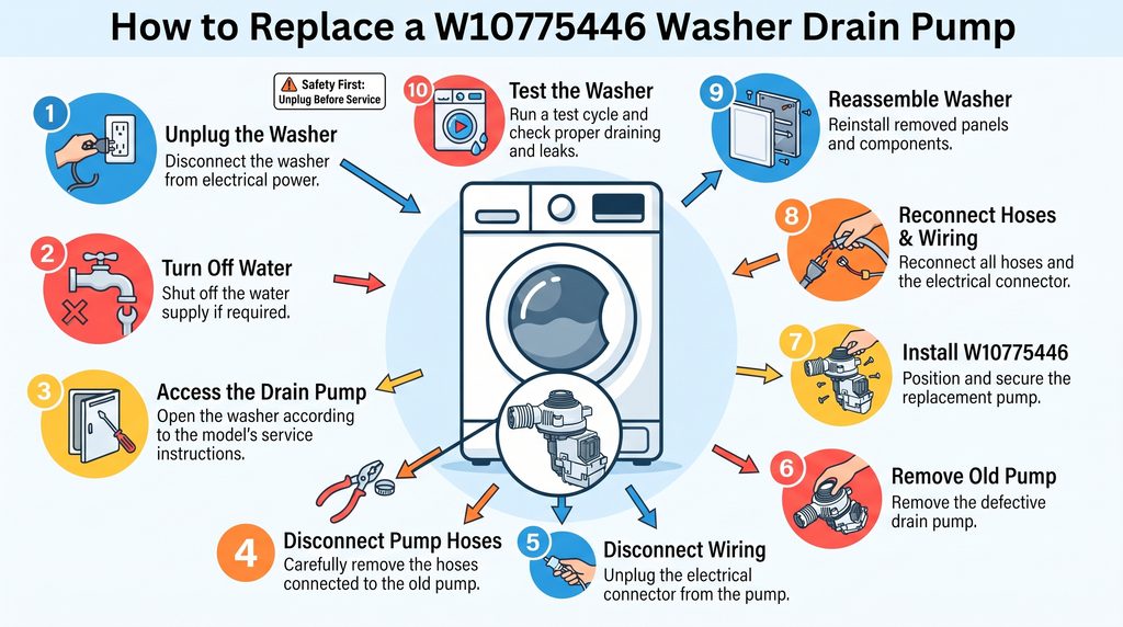 Step-by-step colorful diagram showing how to replace a W10775446 washer drain pump, from disconnecting power and accessing the pump to reconnecting hoses and wiring, reassembling the washer, and testing for proper draining and leaks.