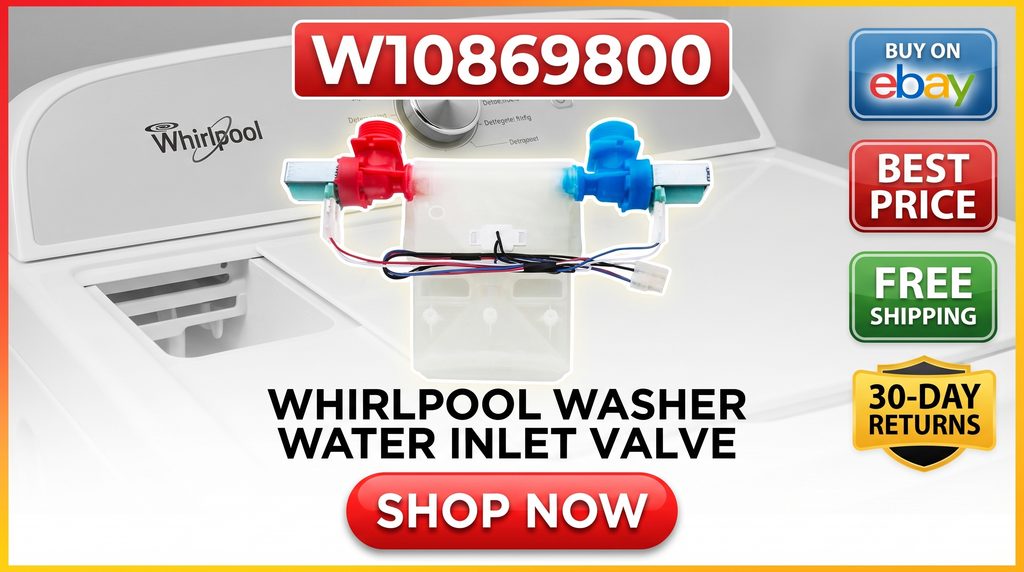 W10869800 Whirlpool Washer Water Inlet Valve, promoting Buy on eBay, Best Price, Free Shipping, 30-Day Returns, and Shop Now.