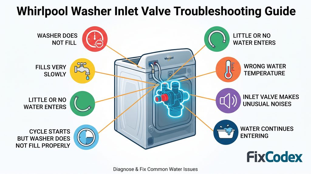 common symptoms of a defective or restricted W11038689 Whirlpool washer water inlet valve, including slow or no filling, incorrect water temperature, continuous filling, and unusual valve noises.