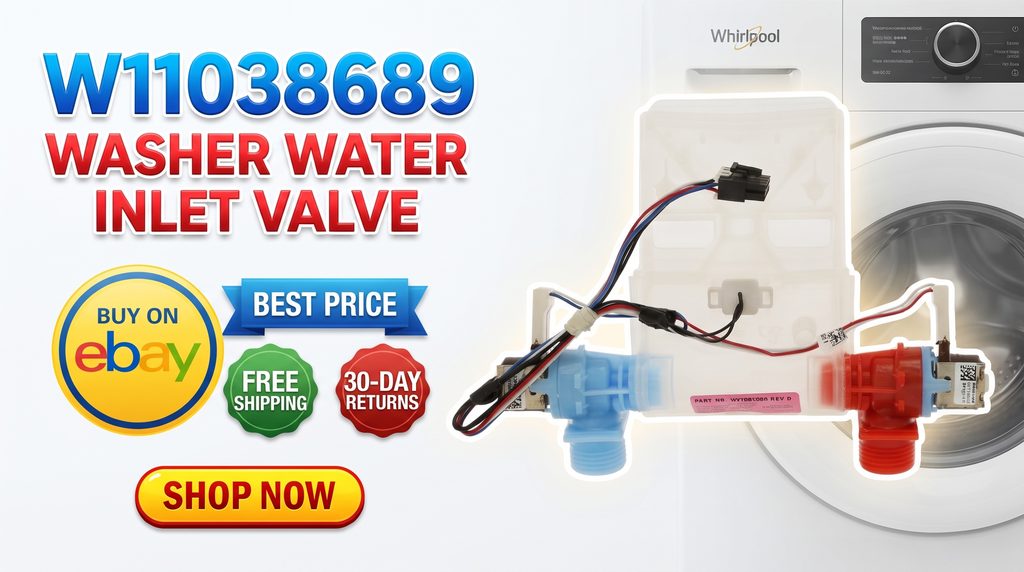 W11038689 Whirlpool washer water inlet valve with Buy on eBay, Best Price, Free Shipping, 30-Day Returns, and Shop Now messaging.