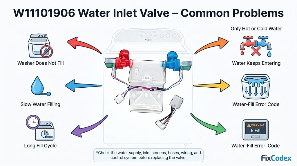 common Whirlpool washer problems associated with a faulty or restricted W11101906 water inlet valve, including no water, slow filling, temperature-related filling issues, continuous water flow, error codes, poor water flow, and long fill cycles.