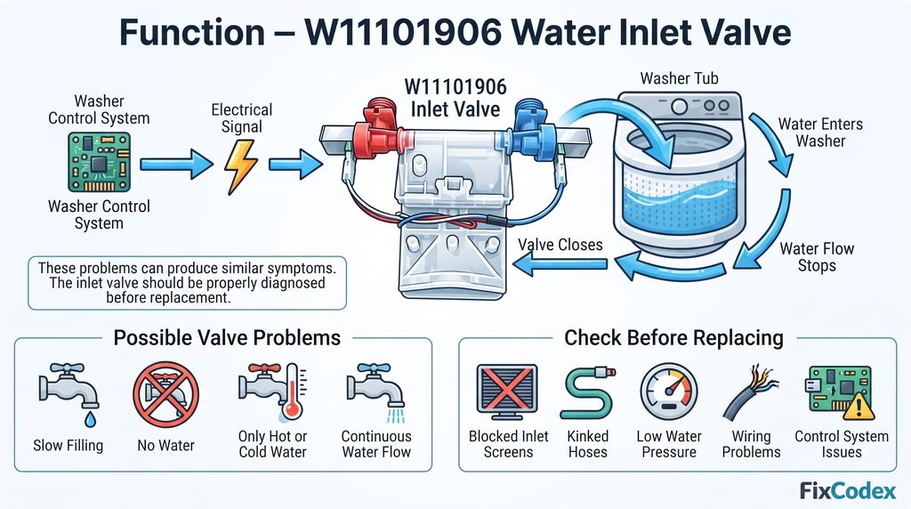 W11101906 Whirlpool washer water inlet valve receives an electrical signal, controls water flow, and stops water from entering the washer. The diagram also highlights common symptoms and other possible causes to check before replacing the valve.