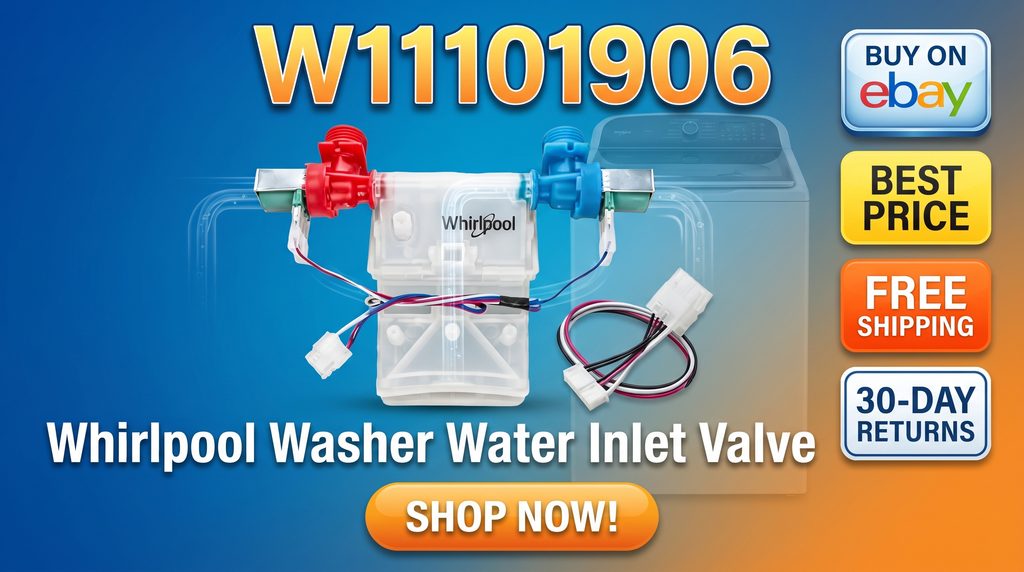 W11101906 Whirlpool washer water inlet valve, featuring Buy on eBay, best price, free shipping, 30-day returns, and Shop Now messaging.