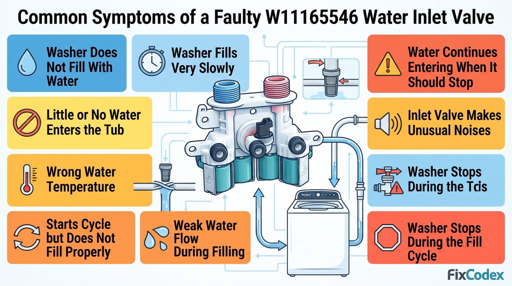 common symptoms of a defective, clogged, or restricted W11165546 Whirlpool washer water inlet valve, including no water fill, slow filling, weak water flow, incorrect water temperature, continuous water flow, unusual valve noises, and washer stopping during the fill cycle.