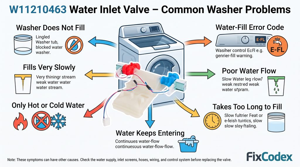 common washer problems associated with a defective or restricted W11210463 water inlet valve, including no water, slow filling, hot or cold water issues, continuous water flow, poor water flow, long fill times, and water-fill error codes.