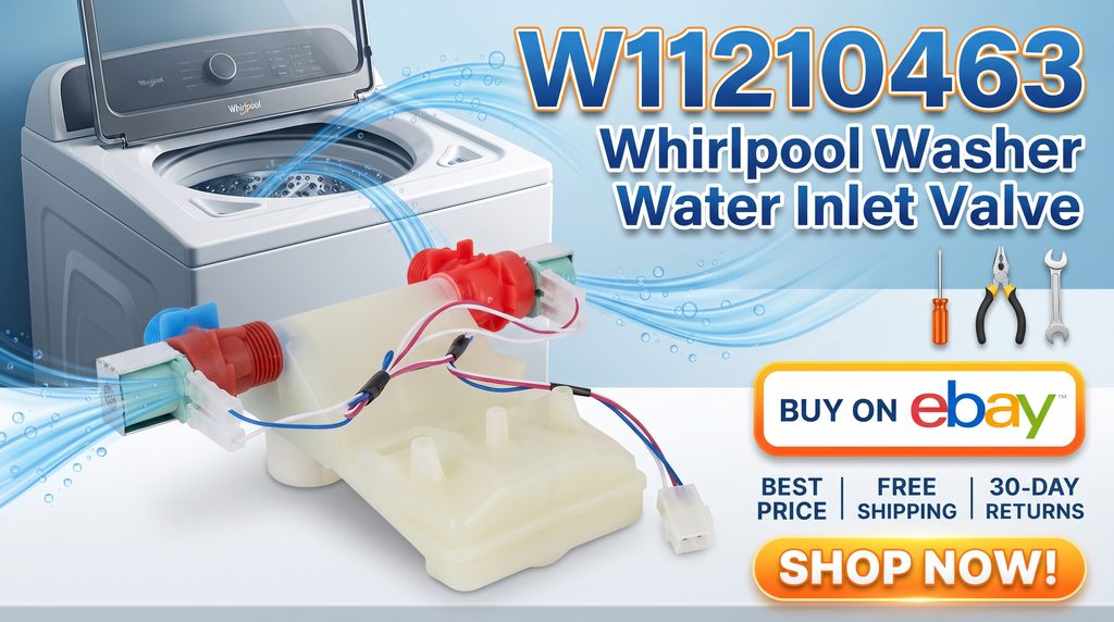 W11210463 Whirlpool washer water inlet valve, featuring Buy on eBay, best price, free shipping, 30-day returns, and Shop Now messaging.